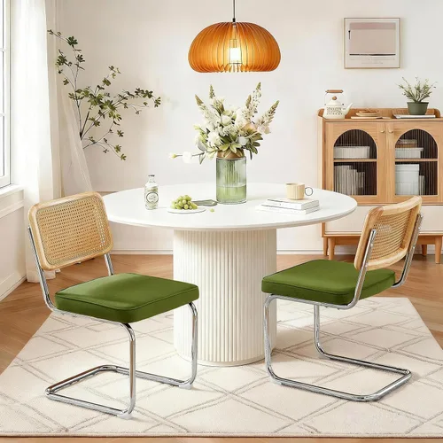 Vista 19 de Juego de 2 sillas de comedor de terciopelo con respaldo de ratán, diseño moderno Breuer con base cromada inoxidable sin brazos tapizada para Beige