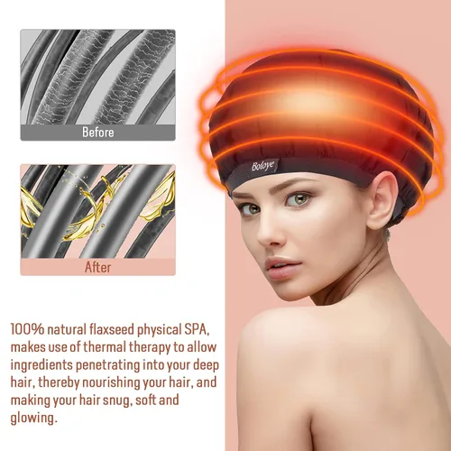 Vista 4 de Boloye - Gorro térmico de acondicionamiento profundo de linaza, sin cable, 100% seguro, para microondas, para cuidado del cabello natural y rizado