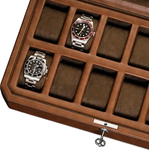 Vista 7 de ROTHWELL Caja de reloj de cuero con 12 ranuras, organizador de lujo para relojes, forro de microgamuza, soporte para relojes de joyería para hombre