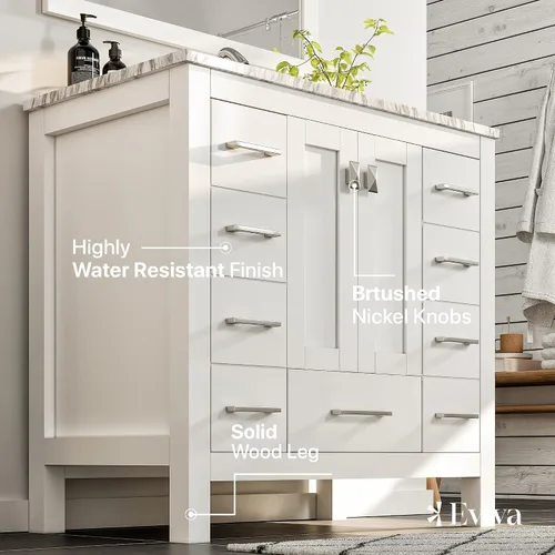 Vista 5 de Eviva Combo de tocador y lavabo de baño con acabado blanco de 36 pulgadas, tocadores de baño blancos de madera maciza de 36 pulgadas con parte