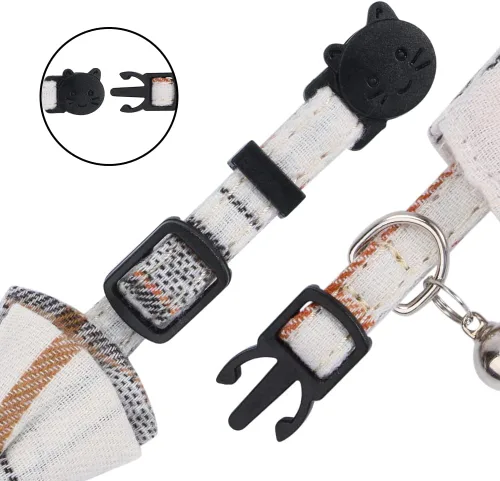 Vista 3 de Faleela Juego de 2 collares de gato con corbata de moño y campana, collar de camisa a cuadros para gatito ajustable de seguridad