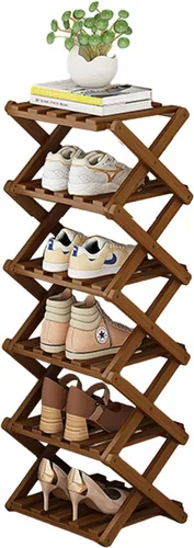 Vista 9 de YYW Zapatero de bambú para entrada, organizador vertical de almacenamiento de zapatos plegable y sin instalación, estantes para zapatos, estante