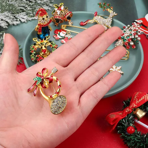 Vista 7 de Kakonia Juego de 9 broches de Navidad con diamantes de imitación, joyería para mujeres y hombres, árbol de Navidad, reno, Papá Noel, cascabel