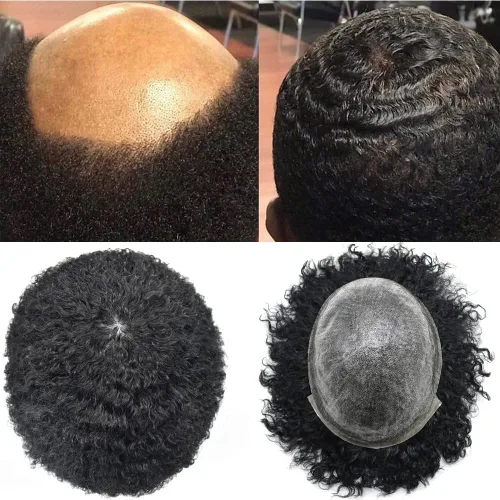 Vista 5 de Afro Toupee para hombres negros unidad de cabello humano para hombres negros postizo PU Ingección Afro Mens Toupee 4MM onda #1 negro azabache