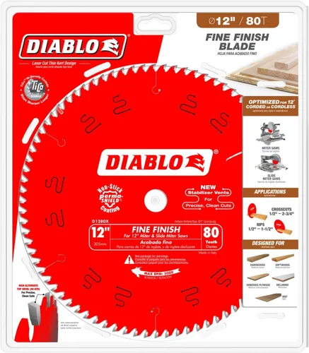 Vista 2 de Freud D1280X Diablo - Hoja de sierra transversal ATB de 12 pulgadas y 80 dientes con eje de 1 pulgada, color rojo