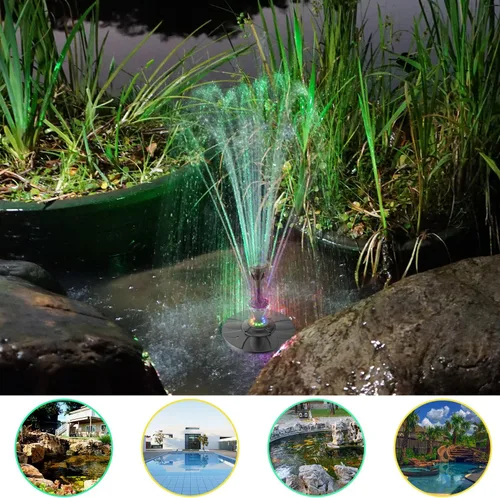 Vista 2 de Jutai Fuente eléctrica flotante de estanque luces LED coloridas, sistema de filtro integrado, bomba de fuente de cascada, cable de alimentación