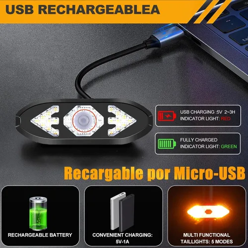 Vista 4 de Luz trasera de bicicleta recargable por USB, luces de giro para bicicleta, luz trasera impermeable de advertencia de seguridad con 2 tipos