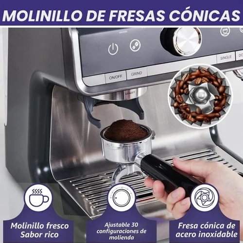 Vista 2 de Máquina de café expreso de 20 barras con molinillo, cafetera espresso semiautomática con espumador de leche para barista casero, cafetera