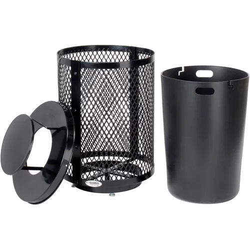 Vista 2 de Global Industrial Bote de basura de acero de diamante para exteriores con tapa para capó de lluvia, base elevada y forro de plástico, capacidad