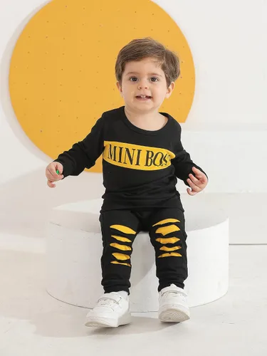 Vista 6 de Conjunto de 2 piezas de sudadera con estampado de letras de manga larga y pantalones para bebé niño