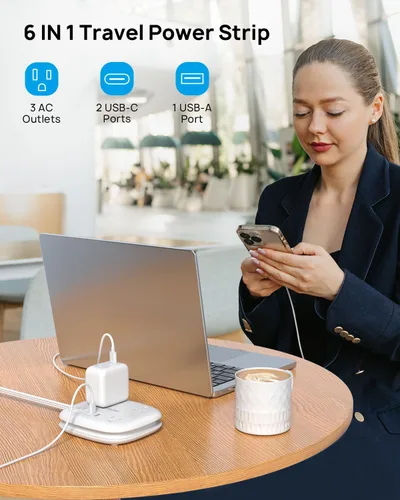 Vista 4 de TROND Cable de extensión corto – Regleta de alimentación de enchufe plano con 3 salidas de CA y 2 puertos USB C y 1 USB A, regleta de alimentación