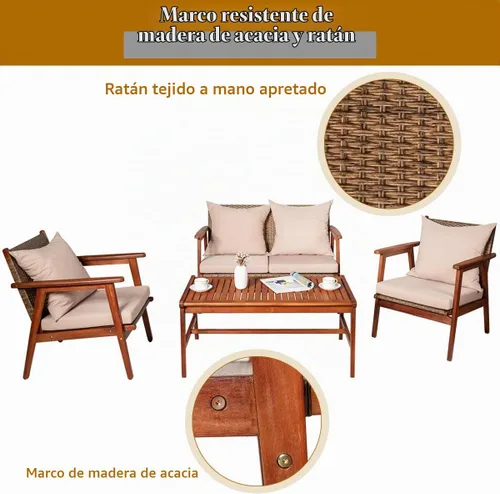 Vista 7 de Tangkula juego de 4 sofás de madera de patio, juego de asientos de madera de acacia para exterior con cojines y mesa de centro, juego de sofá