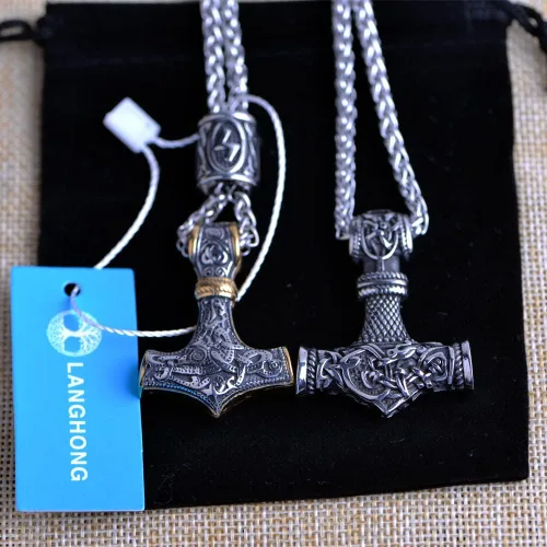 Vista 3 de Collar de martillo de Thor vikingo nórdico Mjolnir para hombre, joyería de talismán