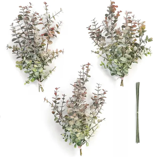 Vista 7 de Floroom 3 tipos de tallos artificiales de eucalipto de dólar plateado, 19 piezas de plantas falsas de relleno para bricolaje, ramos de boda, centros