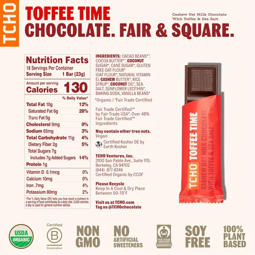 Vista 2 de Barritas de chocolate TCHO Toffee Time - 100% a base de plantas, orgánico, de anacardo con leche de avena - Vegano, sin soya, sin gluten, barras