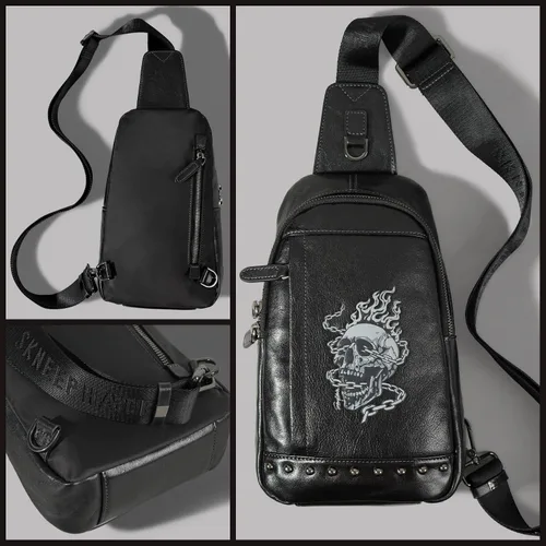Vista 3 de Bolso bandolera pequeño de cuero genuino para hombres Crossbody, bolso negro de hombro de calavera para hombre, mochila de una sola correa, Negro