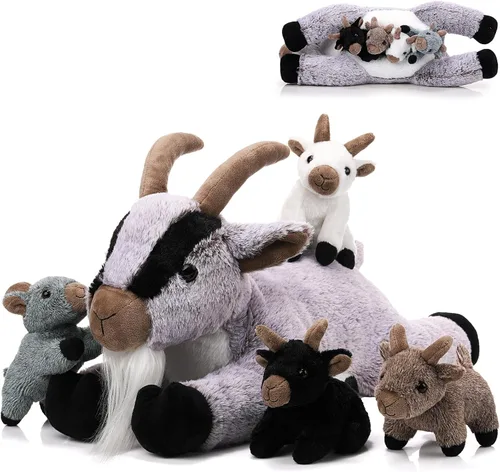 Vista 7 de HyDren Juego de 5 piezas de peluche de cabra de 18 pulgadas, peluche de cabra con 4 peluches de bebés en su barriga, almohada de felpa suave de Gris