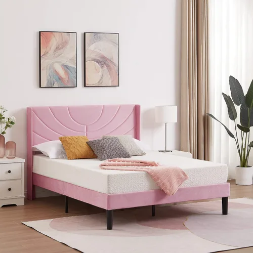 Vista 11 de VECELO Base de cama tapizada de tamaño individual con cabecera de tela, soporte de listones de madera, no necesita somier, base de colchón, fácil