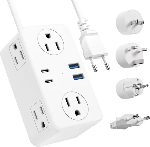 Vista 12 de Adaptador de enchufe de viaje europeo Kakyanill, adaptador de corriente para Italia, 4 tomas de CA, 3 puertos USB (2 USB C), cable de extensión