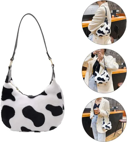 Vista 6 de PRETYZOOM bolso de hombro de felpa de vaca de impresión bolso de las mujeres de felpa bolso de mano otoño invierno suave casual esponjoso mujer