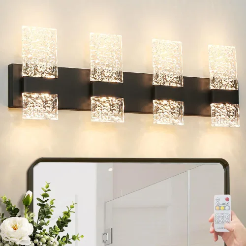 Vista 20 de Lámpara de tocador de baño moderna de cromo de 4 luces, elegantes accesorios de iluminación de baño de LED de cromo sobre espejo, accesorios