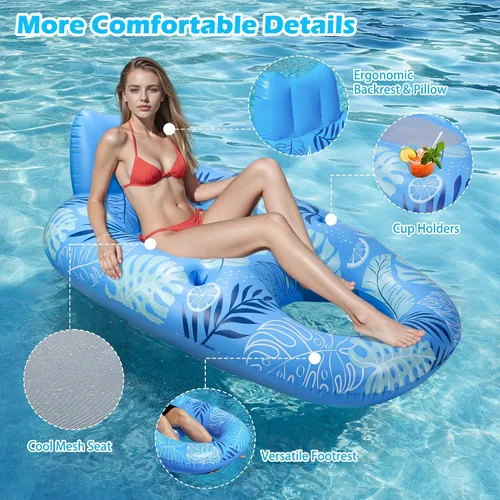 Vista 3 de JOSEN Inflatable Pool Float Adult, Pool Float Lounger Raft Floaties Water Floating Chair with Cup Holders Backrest & Footrest for Swimming Pool