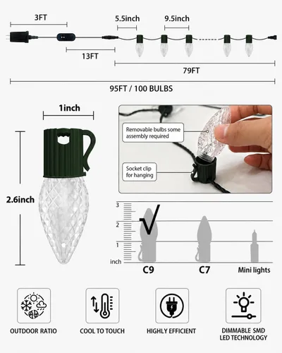 Vista 6 de Luces de cadena navideñas C9 inteligentes de 100 LED de 79 pies con control por aplicación, 105 modos, enchufables, luces de cadena de hadas
