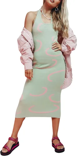 Vista 4 de FOMOYUU Vestido halter de punto para mujer, sin mangas, estampado geométrico, cuello en U, espalda descubierta, atar y ajustar, ajustado