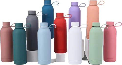 Vista 3 de Botella de agua deportiva de boca estrecha con aislamiento de doble pared de acero inoxidable con asa, frasco de vacío en forma de cola (negro)