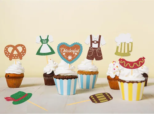Vista 4 de 24 adornos para cupcakes con purpurina para el Oktoberfest, decoración para tartas del día de la cerveza, para festivales bávaros para suministros