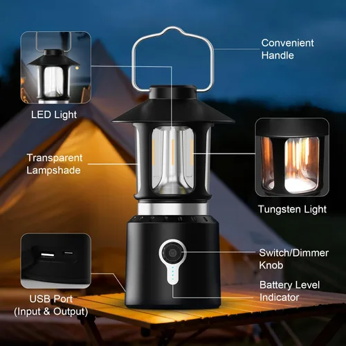 Vista 6 de Linterna LED telescópica para campamento, 8000 mAh, funciona con pilas, luces de campamento vintage, 3 modos de luz, luces de tienda de campaña