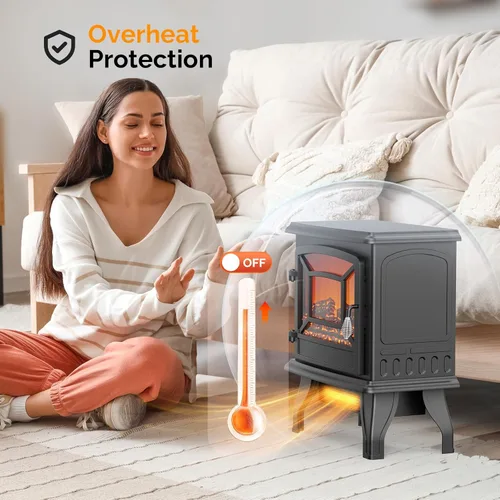 Vista 5 de ROVSUN Estufa Eléctrica de Chimenea de 20" H Calentador de Espacio, 1400W Portátil Independiente con Termostato, Troncos de Llama Realista