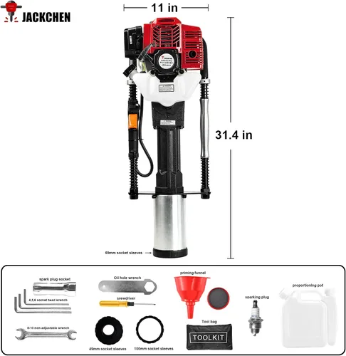 Vista 7 de JKCHENPRO - Taladro de poste en T de 52 cc y 2 tiempos - Taladro de martillo resistente para esgrima con 3 cabezales de conducción
