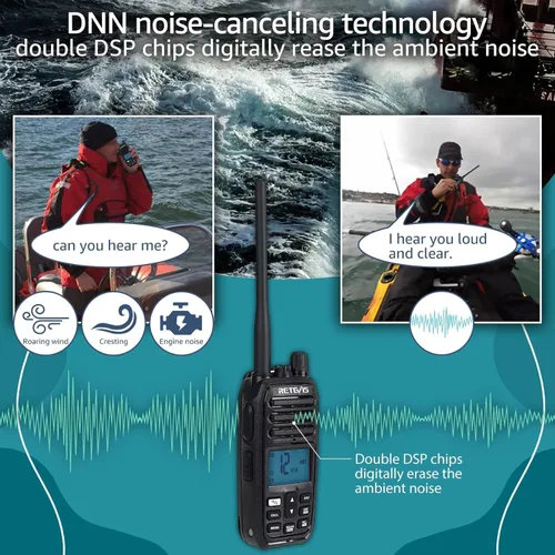Vista 2 de Retevis RM21 - Radio marina flotante, 1/3/5 W, radio VHF IP67 marina, sumergible, reducción de ruido AI de 1 pulsación, 1800 mAh, 88 canales
