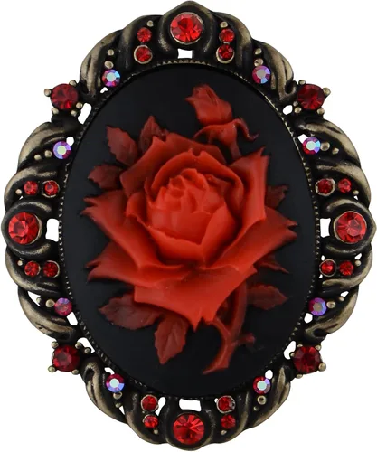 Vista 11 de Alilang Broche de pasador de camafeo con flores de cristal rosa antiguo inspirado en la vendimia Negro