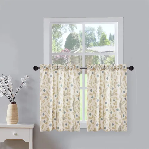 Vista 28 de VOGOL Cortinas con estampado de pájaros campestres, 30 x 24 pulgadas, 2 paneles, beige Linen Look Texture, Decorative Small Window Treatment