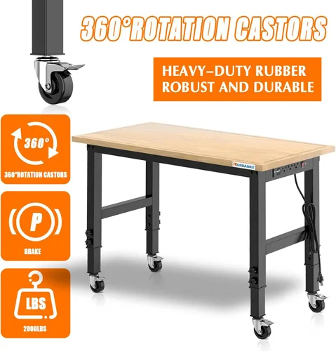Vista 6 de Banco de trabajo ajustable de 48 pulgadas con ruedas, mesa de trabajo de madera de goma resistente con tomas de corriente, básculas de precisión