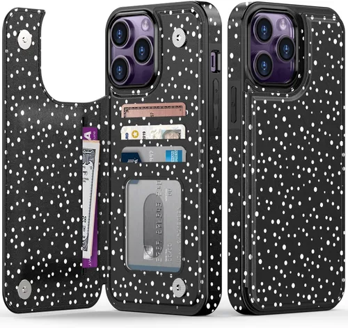 Vista 43 de LETO para iPhone 15 Pro Funda tipo cartera - Tapa tipo folio con patada - Diseños de moda - Tarjetero - Funda protectora para mujeres y niñas - 6.1