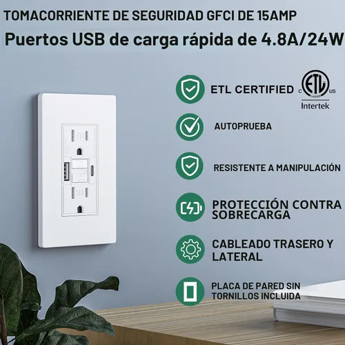 Vista 2 de Toma GFCI de 15 amperios con puertos de carga USB de 4.8 A/24 W tipo A y tipo C, autocomprobación, indicador LED, resistente a manipulaciones