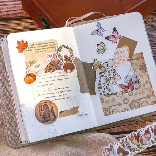 Vista 7 de 8 rollos de cinta adhesiva Washi vintage, diseño de pétalos de flores, hojas de helecho, mariposas, hojas de pino, hongos para bricolaje, diario
