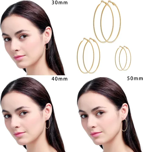 Vista 6 de Juego de 6 pares de aretes de aro chapados en oro de acero inoxidable para mujeres y niñas aros hipoalergénicos para mujer 304050in Acero inoxidable