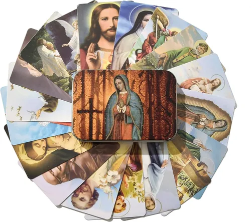 Vista 9 de Tarjetas sagradas católicas de oración con caja de metal, regalos católicos, tarjetas sagradas surtidas con santos católicos y oraciones, 144