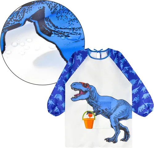 Vista 6 de PASHOP Bata de arte para niños, de unicornio, impermeable, para niñas, niños, manga larga, hasta la rodilla, con bolsillo (dinosaurio azul, 3-7 años)