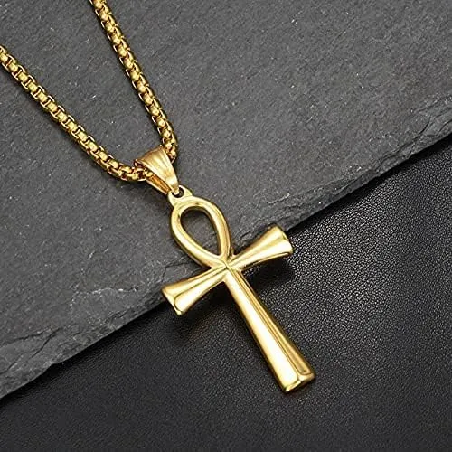 Vista 2 de Collar con colgante de cruz de Ankh copta egipcia antigua de acero inoxidable para niños, mujeres y hombres, en cadena Rolo de 24 pulgadas