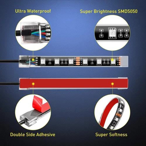 Vista 6 de 4 piezas de kits de luz LED para motocicleta, tiras de luz LED impermeables multicolor con control de aplicación, luces LED RGB sincronizadas