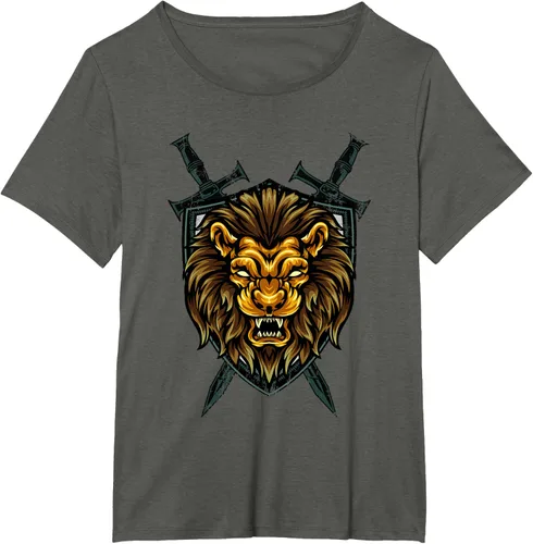 Vista 88 de Camiseta con diseño de caballero medieval renacentista, con diseño de espada de león, Negro, S