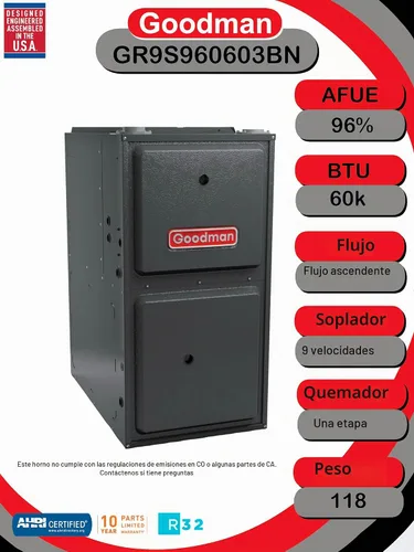 Vista 4 de Goodman 2 toneladas 14 SEER R410A 96% AFUE 60,000 BTU vertical horno de gas dividido sistema