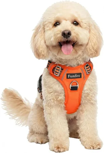 Vista 32 de Funfox Arnés para perro sin tirones, arnés de chaleco ajustable para mascotas, material súper suave con mango vertical, fácil control, paseo