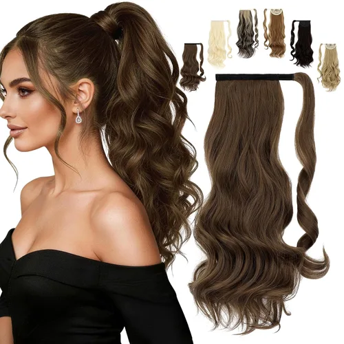 Vista 30 de FELENDY Extensión de cola de caballo, extensiones de cabello largo envolvente de 18 pulgadas, extensiones de cabello ondulado y rizado con clip