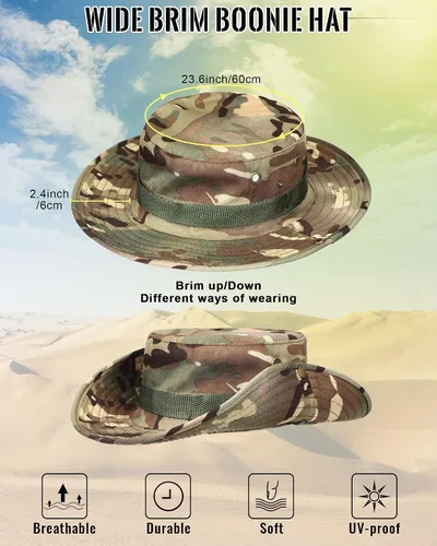 Vista 2 de 6 piezas de ala ancha Boonie sombrero de camuflaje táctico camuflaje de la selva gorro de bebé adulto para hombres y mujeres forro polar verde